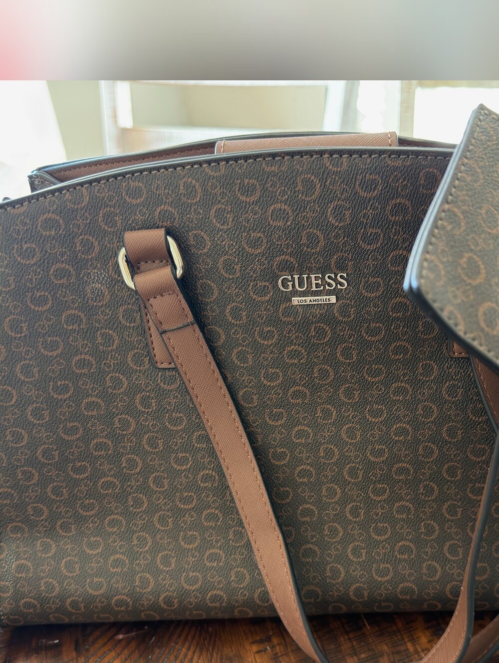 GUESS Brown Monogram Tote with Tan Straps